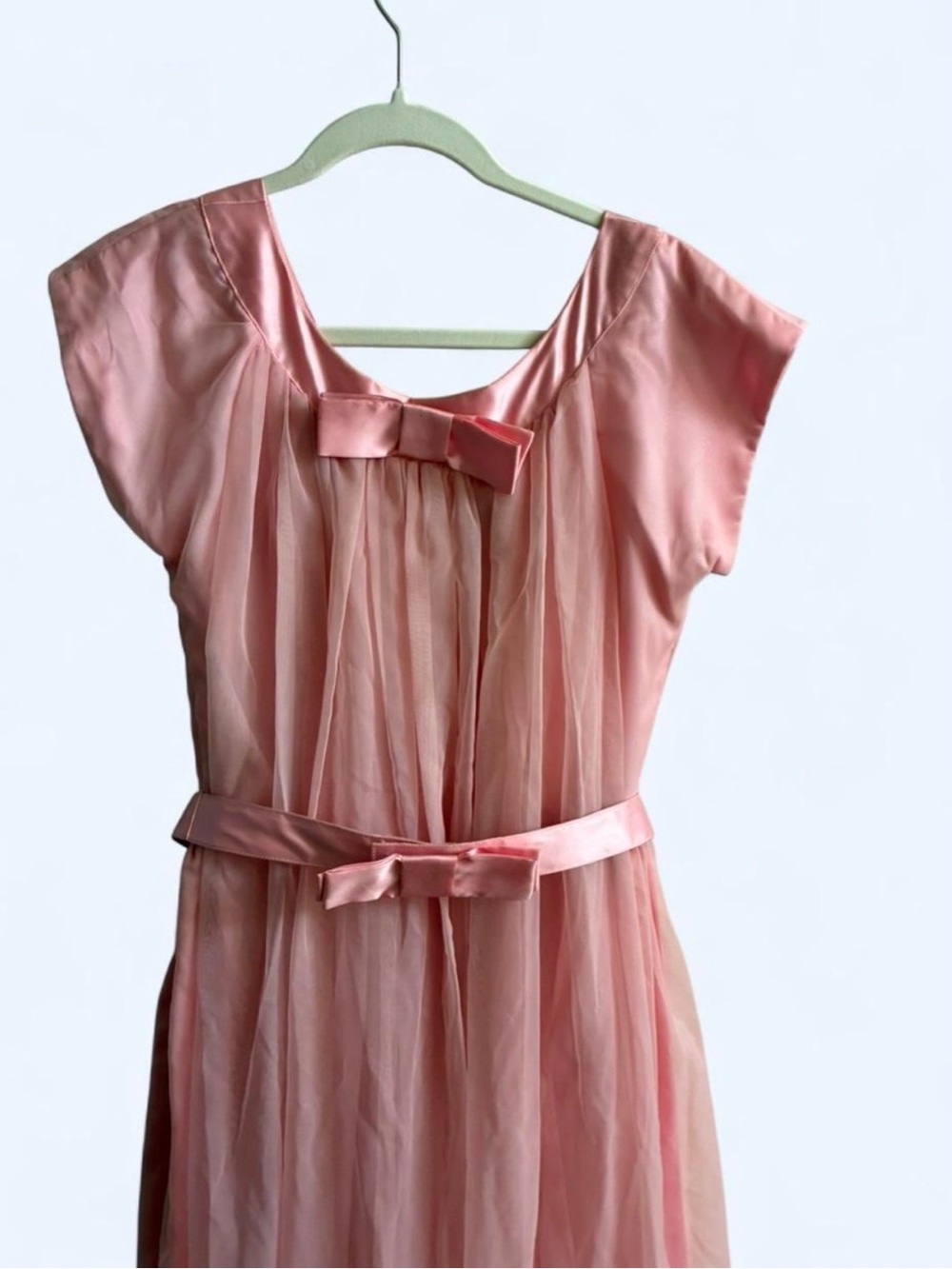 Vintage 1960s Pink Pleated Chiffon Gown with Satin Bows